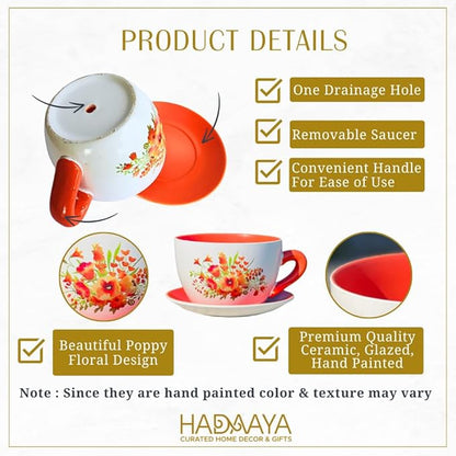 7.5" Round Ceramic Teacup Shape Planter Pot with Saucer for Succulents Orchids Herbs Cactus Indoor Houseplants Flowers for Valentines Day Gift – Orange Poppy Floral
