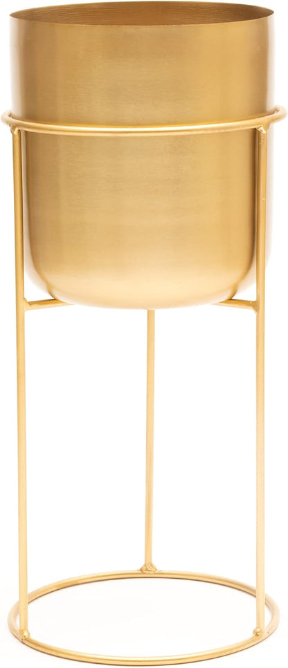 Olly & Rose Matt Metal Plant Pot with Gold Plant Stand - Tall 20 Inch Height Large Plant Pot Indoors with Stand - Large Decorative Planter