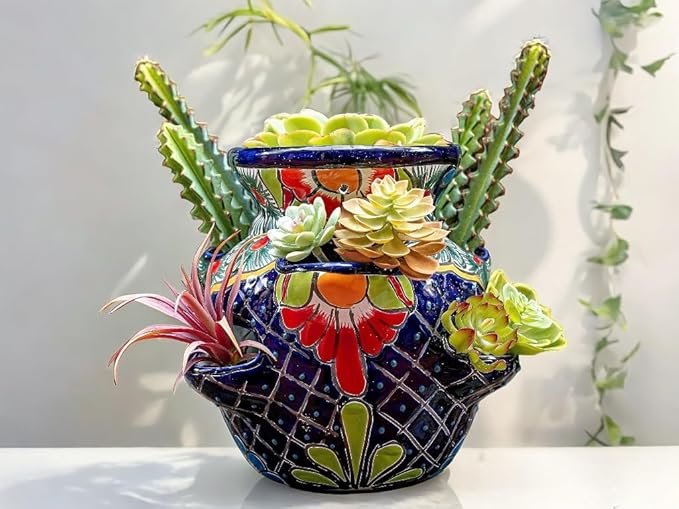 Evergreen Garden Talavera Mexican Strawberry Pottery Ceramic 10 inch Plant Pots | Flower Pots for Indoor Plants | Succulent Planters (10 in. Royal Blue)
