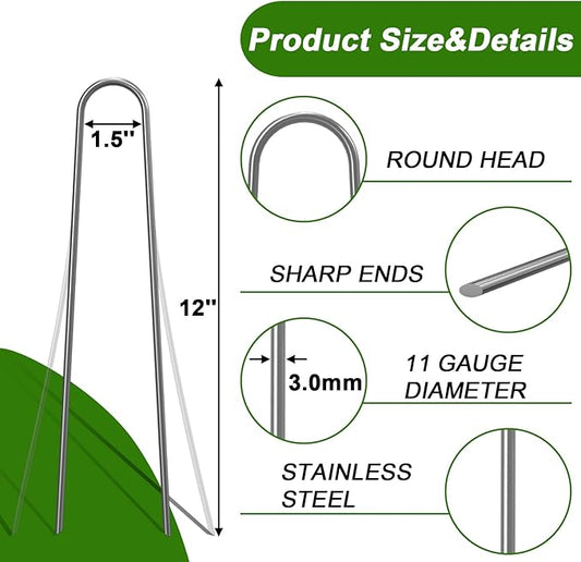 AAGUT 100x Metal Garden Stakes Tent Drip Line Irrigation Stakes,12 Inch Round Top Yard Chicken Wire Staples,Soaker Hose Tubing Spikes Landscape Fabric Staples, Sod Fence Lawn Ground Weed Barrier Pins