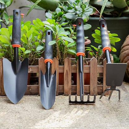 Arinasun Gardening Hand Tool Set, 4 Pieces, Including 2 Shovels &1 Rake &1 Cultivator, Rust-Resistant lron Tools, Rubber Grip Handles，Great Garden Gift