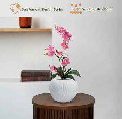 9.7" H x 12" D Ribbed Globo Fiberstone Round Planter with Drainage Hole, Weather Resistant for Indoor and Outdoor Use, Included 2 Extra Coco Mats (Speckled White, 7.8" Pot Opening)