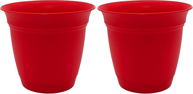 The HC Companies 8 Inch Eclipse Round Planter with Saucer - Indoor Outdoor Plant Pot for Flowers, Vegetables, and Herbs, Strawberry Red (Pack of 2)