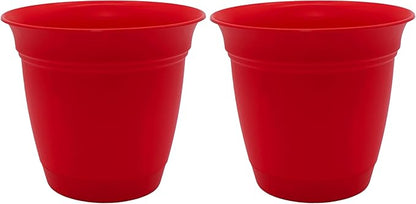 The HC Companies 8 Inch Eclipse Round Planter with Saucer - Indoor Outdoor Plant Pot for Flowers, Vegetables, and Herbs, Strawberry Red (Pack of 2)