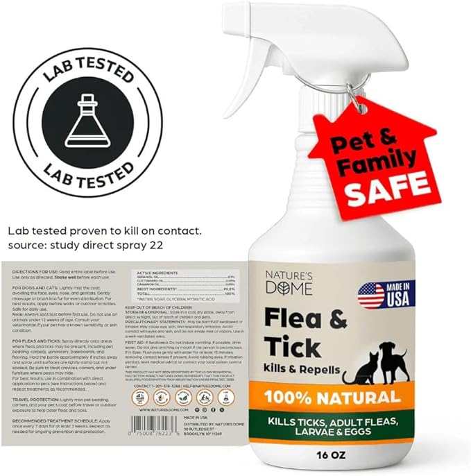 Nature’s Dome Outdoor Flea & Tick Spray – 16 oz – Kills & Repels Fleas, Ticks, Larvae & Eggs – Plant-Based Pest Control – Safe for Pets, Kids & Plants – Ready-to-Use