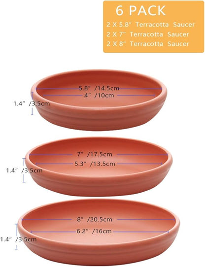 SAROSORA Round Plastic Plant Saucer Drip Tray Set of 6 for Indoor Outdoor Home Garden Flower Plant Container Flower Pot Pallets ((5.8''+7"+8'') x2, Terracotta)