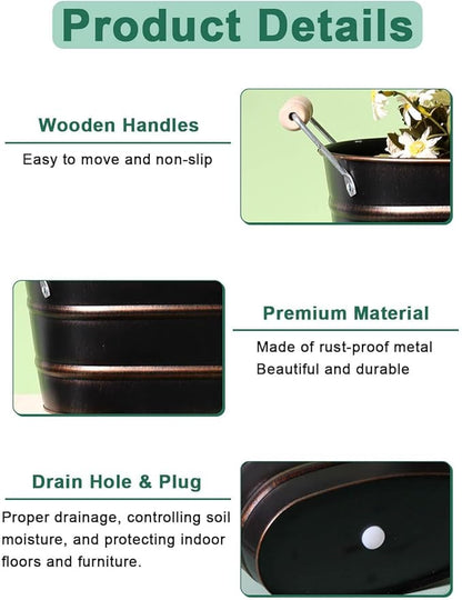 Galvanized Metal Oval Planter Buckets with Handles – Set of 3 Rustic Farmhouse Flower Tubs with Drain Holes & Plugs, Vintage Small Pots for Herbs, Succulents, Wedding or Tabletop Decor (Black)