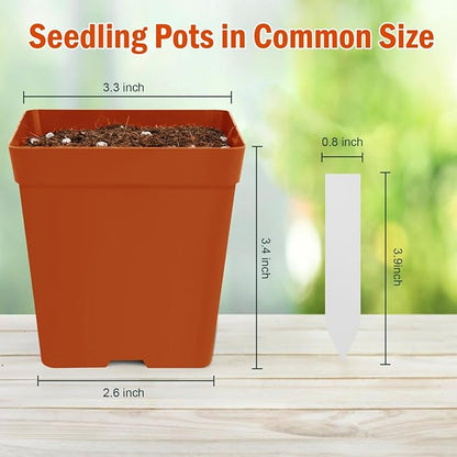 June Fox 100 Pack Red Square Nursery Pots with Drainage Holes 3.3 Inches Flexible Plastic Seedling Pots Square Pots for Plants, Succulent, Flower, with Plant Labels