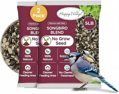 Happy Wings No Grow Bird Seed Mix Pack of 2 (5lb x 2 = 10lb) - Songbird Bird Seed with Sunflower, Safflower & Peanuts - No Mess Birdseed for Outside Feeders - Suitable Birdseed for Wild Birds