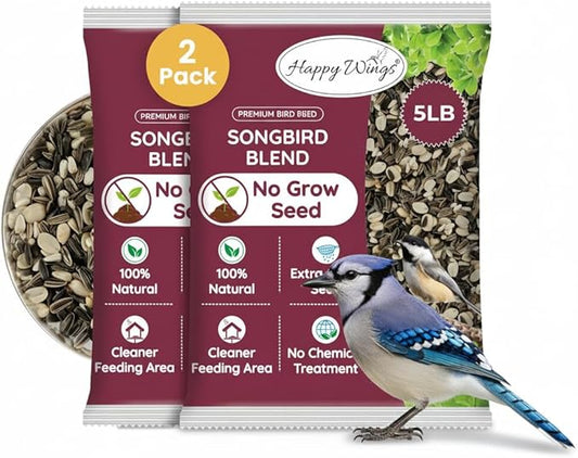 Happy Wings No Grow Bird Seed Mix Pack of 2 (5lb x 2 = 10lb) - Songbird Bird Seed with Sunflower, Safflower & Peanuts - No Mess Birdseed for Outside Feeders - Suitable Birdseed for Wild Birds