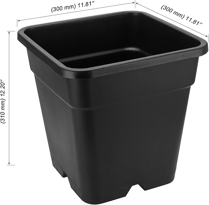 MOUYAT 5 Pack 5 Gallon Large Square Nursery Pots with Saucers, 12 x 12 Inch Black Plastic Plant Nursery Pots Garden Planter for Planting Flowers