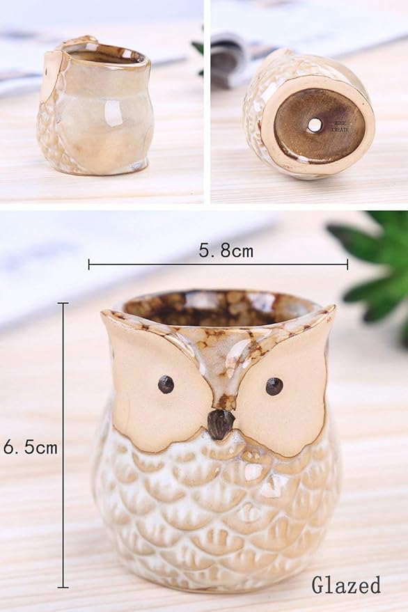 6 Pcs 2.5 Inches Owl Pots, Little Ceramic Succulent Bonsai Pots with a Hole - Pack of 6
