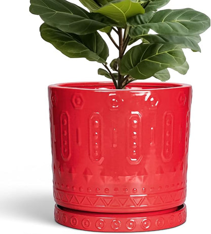 12 Inch Pots for Plants, Ceramic Pots for Plants Indoor Outdoor, Round Flower Pot with Drainage Holes and Saucers, Modern Decorative Planter, Home Porch Decor, Gardening Gifts, Red