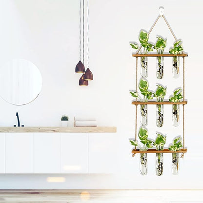 XXXFLOWER Wall Hanging Propagation Station with Wooden Stand Glass Test Tubes Tiered Planters Wall Terrarium for Home Office Plant Hanger Flower Vases Wall Decor Hydroponic Cuttings (9 Tube Vases)