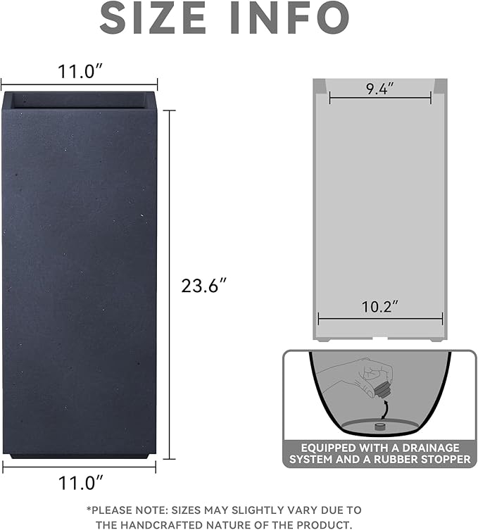 Kante 23.6" H Tall Rectangular Concrete Planter, Modern Square Diameter Plant Pot with Drainage Hole and Rubber Plug for Indoor Outdoor Home Patio Garden, Charcoal