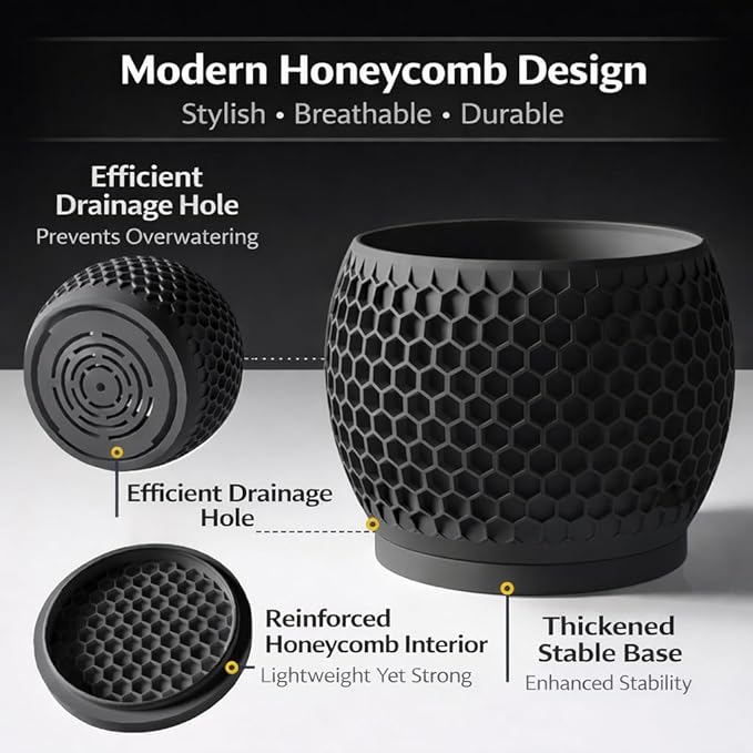 Plant Pots, Modern 3D Printed Honeycomb Planters for Indoor Plants, 4.7/6/8 Inch Matte Black Decorative Flower Pot for Office Desktop, Bookshelf & Home Decor, Lightweight & Durable