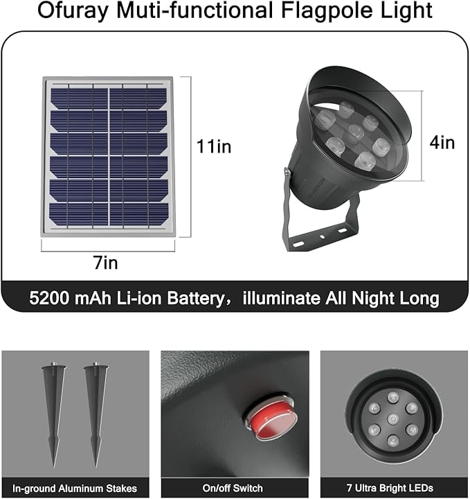 Ofuray Solar Flag Pole Light 3In1 Design, Brightest Flag Pole Light Solar Powered, 2 Brightness American Flag Coverage Led Solar Lights Outdoor Dusk to Dawn fit 1"-4" Flagpole for House Inground