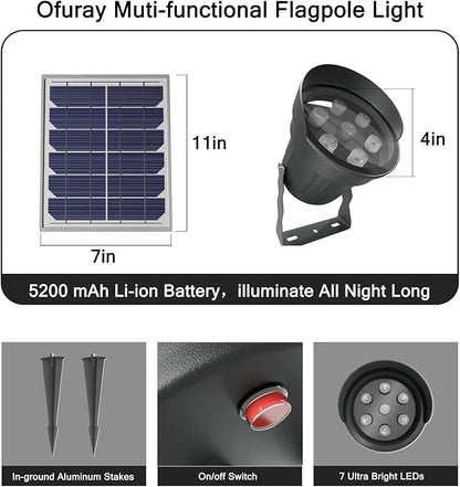 Ofuray Solar Flag Pole Light 3In1 Design, Brightest Flag Pole Light Solar Powered, 2 Brightness American Flag Coverage Led Solar Lights Outdoor Dusk to Dawn fit 1"-4" Flagpole for House Inground