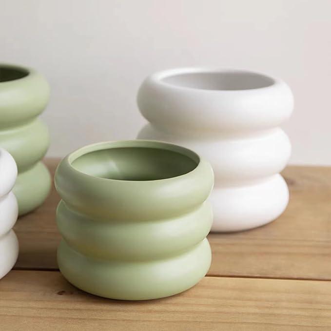 Ceramic Plant Pot Indoor, 6.5 Inch Flower Pot with Drainage Hole, Tiered Bubble Design Ceramic Planter for Home & Office Decor (Green)