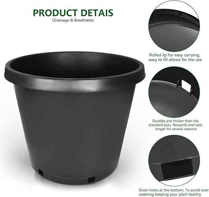 10-Pack 12.7 Gallon Round Planter Nursery Pots, Flower Plant Container Injection Molded Plastic Nursery Pots Gardening Pot for Indoor Outdoor Vegetables, Succulents, Black