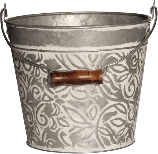 Headwind Vintage Collection - Floral Galvanazied White Wash Planter with Handles – 8 Inch Medium Flower Pots Decorative Plant Indoor – Plant Pots Indoor with Drainage by Robert Allen