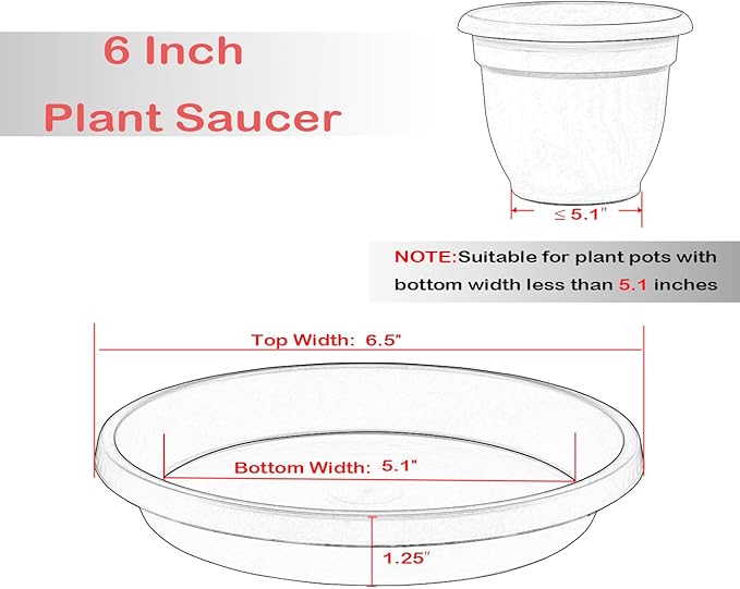 5 Pack Plant Saucer 6 Inch,8 10 12 14 16 18 20 Inch, Heavy Sturdy Plant Trays for Pots, Plant Water Catcher Tray for Plants, Plastic Plant Saucers for Indoors no Holes