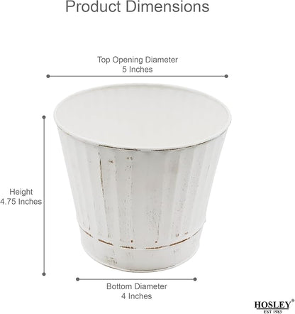 Hosley Metal Plant Pot White Wash Finish - 5" Dia x 4.8" H Flower Pots, Ideal for Farmhouse Décor, Planters for Outdoor Plants, Weddings, Gifts, Special Events Parties