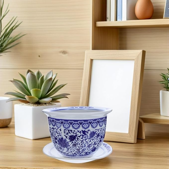DOITOOL Blue and White Porcelain Plant pots with Drainage Holes and Drainage Tray for Indoor and Outdoor Plants, Ceramic Flower Pots