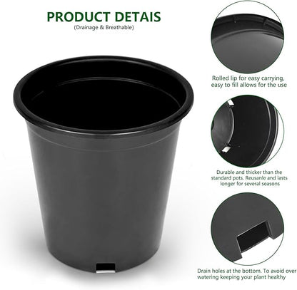 10-Pack 0.7 Gallon Round Planter Nursery Pots, Flower Plant Container Injection Molded Plastic Nursery Pot Gardening Pots for Indoor Outdoor Vegetables, Succulents, Black