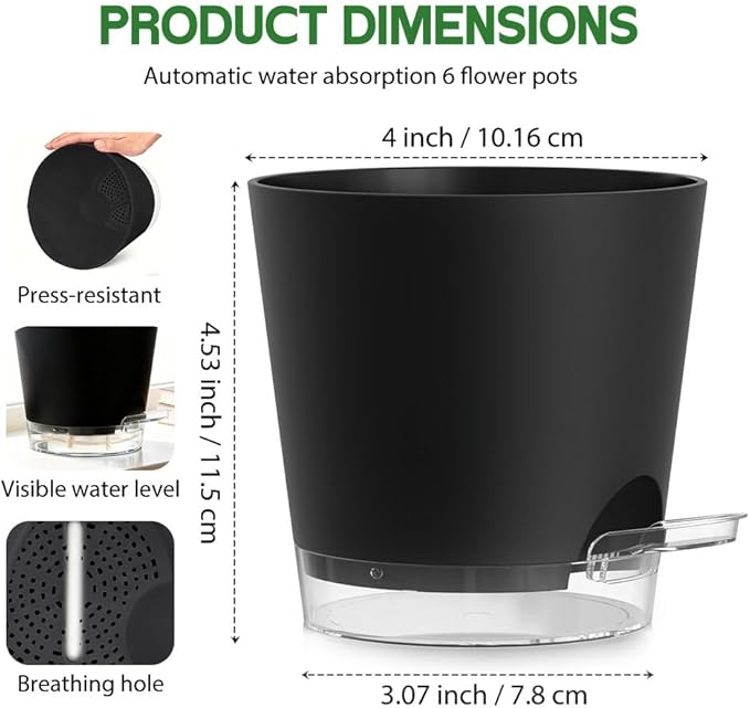 Self Watering Pots for Plants, 2026 New Flower Plant Pots with Drainage Holes, Wicking and Clear Reservoirs for Succulent, Aloe, Cacti and Others - 6 Pack (Black, 4")