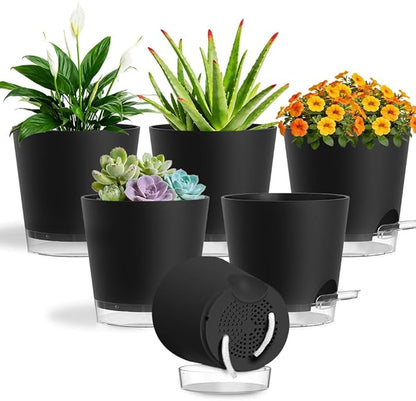Self Watering Pots for Plants, 2026 New Flower Plant Pots with Drainage Holes, Wicking and Clear Reservoirs for Succulent, Aloe, Cacti and Others - 6 Pack (Black, 4")