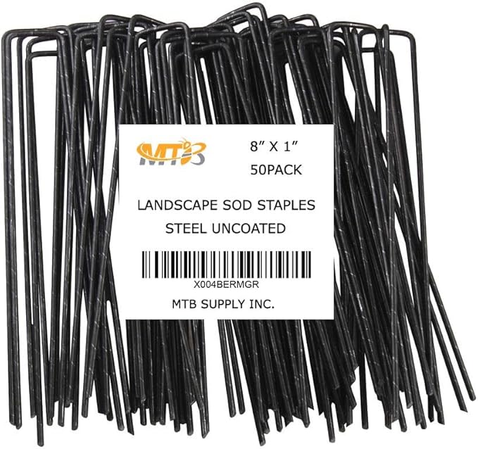 50 Pack 8x1 inch 11GA(0.12inch) Landscape Staples Garden Stakes Fence Netting Pins Ground Spikes Sod Cover Fabric Pegs Steel Uncoated