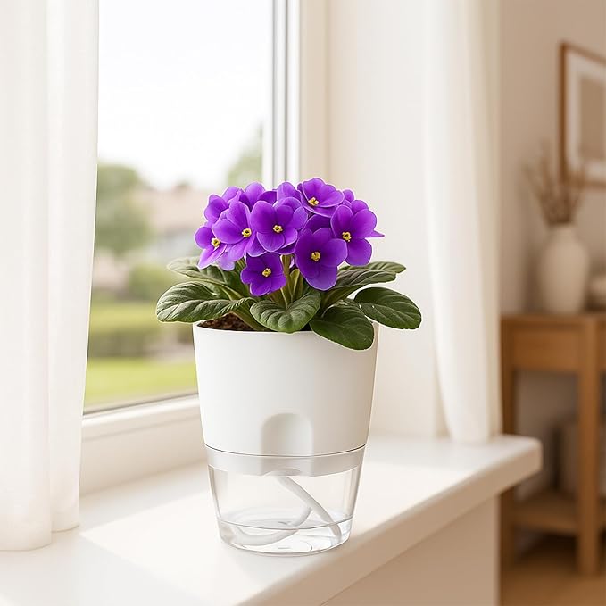 Planterhoma 8 Pack Self Watering Pots for Indoor Plants, 4 Inch Plant Pot Plastic Self Watering Planter for Orchid, African Violet, Small Clear Flower Pots with Drainage Holes and Wicking Rope, White