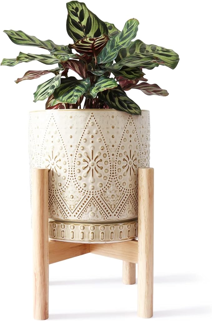 8 Inch Plant Pot with Stand, Ceramic Planter with Drainage Holes, Saucers and Mesh Pads for Indoor-Outdoor Plants