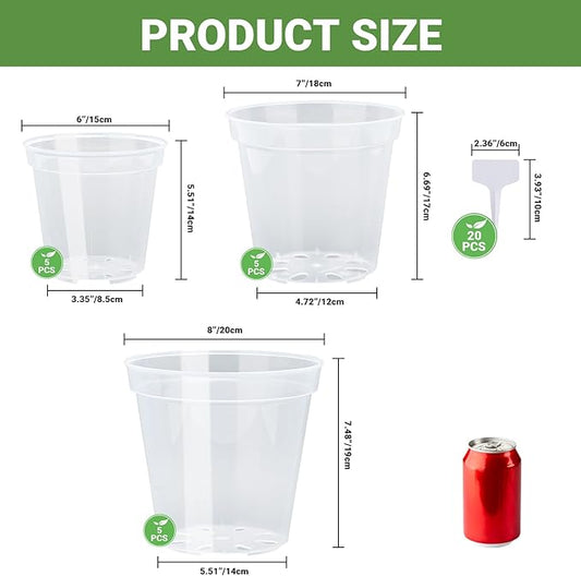 GREANER Clear Nursery Pots with Drainage, 6/7/8 Inch Plastic Plant Pot with 20 Plant Labels, Transparent(Pack of 15)
