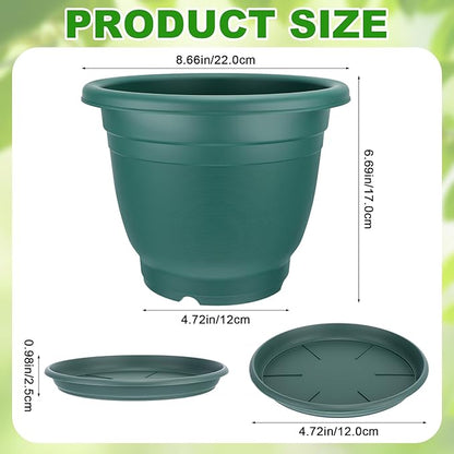 12 Pcs 8+'' Plastic Plant Pots Round Planter Pots with Saucer Tray Seedling Pot Hole Seed Resin Plant Pot Starting Nursery Flower Container with Pallet for Garden Outdoor Indoor (Green)