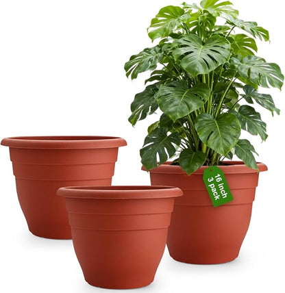 3 Pack Large 16 Inch Plastic Plant Pots for Outdoor Plants,Durable & Lightweight Flower Pots with Drainage Holes,Weather-Resistant Large Planters for Patio Garden(Brick Red)