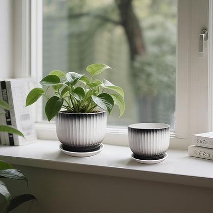 6.7 + 5.5 Inch Ceramic Plant Pots,Set of 2,Planters with Drainage and Saucer,Indoor Pots for Plants,Modern Flower Pots for Home and Office（Black + White）