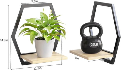 Modern Black Hexagon Wall Planters with Solid Wood Shelves Set of 3 Geometric Floating Wall Decor for Indoor Plants, Stylish Wall Mounted Display for Succulents & Small Plants