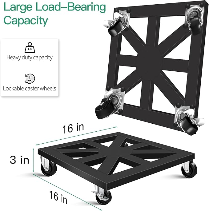 Plant Caddy with Wheels, 16'' 2 Pack Metal Rolling Plant Stand Square Plant Dolly with Iron Lockable Casters Heavy Duty Pot Mover Rollers, Holds up 400 Lbs Planter