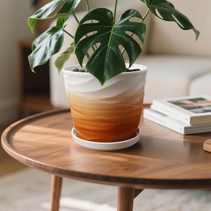 8 Inch Plant Pot, Ceramic Planter with Drainage and Saucer,Ceramic Planters for Indoor Plants, 8 Inch Garden pots(Khaki + White)