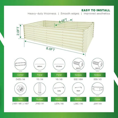 GARDMAX 8x4x2FT Galvanized Raised Garden Bed Kit, Metal Planter Boxes Outdoor with Easy Assembly, Large Garden Bed for Vegetables, Fruits, Flower, Herbs Rectangle Milk White