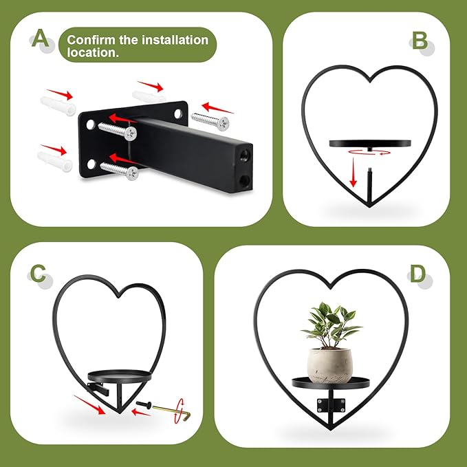 Wall Plant Holder Heart Shape Metal Hanging Planters Framed Plants Hanger Shelf Indoor Wall-Mounted Flower Display Rack for Home Ornament Decor