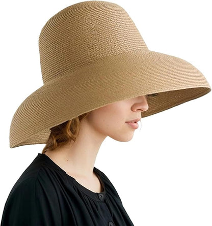 Wide-Brim Classic Elegant Style Foldable Straw Hat Women's Retro UV Resistant Sun Hats for Outdoor, Beach and Travel