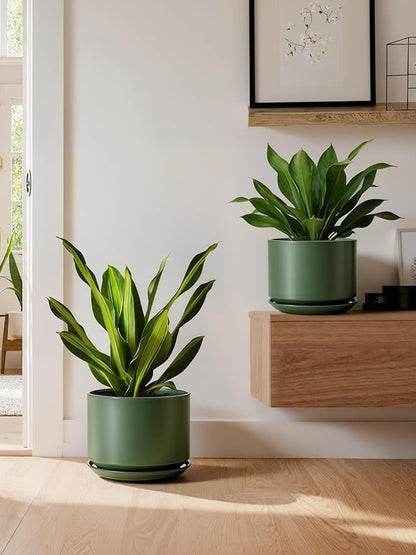 LE TAUCI Ceramic Pots for Plants, 10 Inch Plant Pot with Drainage Hole & Saucer, Sturdy & Modern Planters for Indoor Plants, Includes Mesh Screen, Fits Snake Plant & Monstera, Forest Green