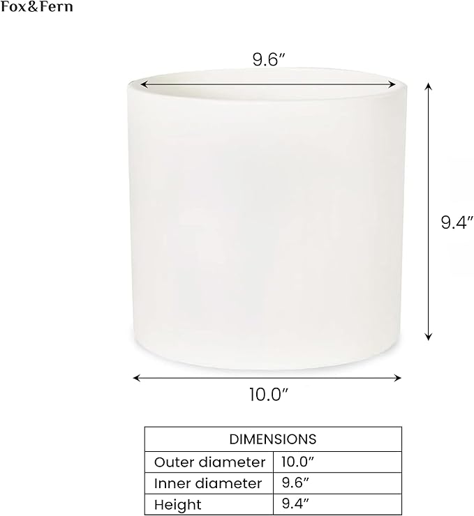 Fox & Fern 10 Inch Plant Pot with Drainage Plug — Premium Polystone Matte White Planter - Indoor & Outdoor Planter - 10 Inch Pots for Plants - Weather Resistant & UV Resistant