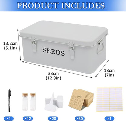 Seed Storage Box, Metal Seed Bin Seed Storage Organizer, 4 Dividers Seed Container with Safety Lock, Seed Box with Professional All-in-one Kit, White
