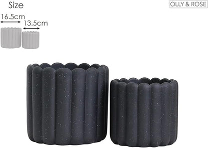 Olly & Rose iOS Vertical Striped Ribbed Plant Pot - Charcoal Speckled Ceramic Planters - 6.6 + 5 Inch Indoor and Outdoor Flower Pots Home Decor (Black Ribbed)