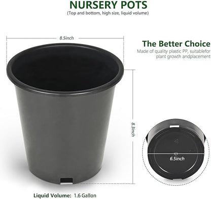 10-Pack 1.6 Gallon Round Planter Nursery Pots, Flower Plant Container Injection Molded Plastic Nursery Pots Gardening Pots for Indoor Outdoor Vegetables, Succulents, Black