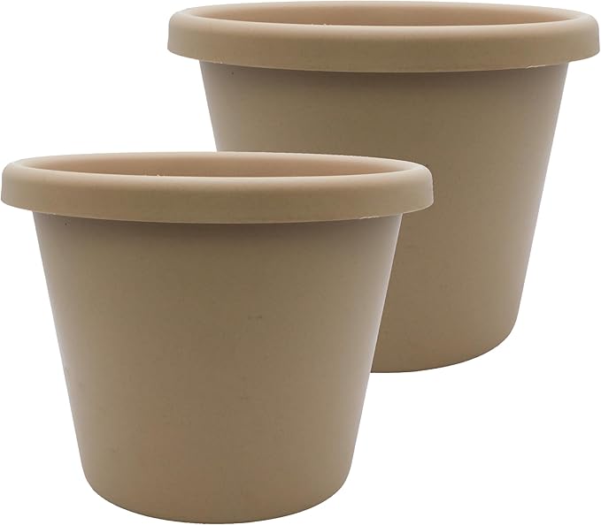 The HC Companies 15.5 Inch Classic Round Planter Pots with Drainage, Rolled Rim Plastic Planters for Indoor & Outdoor Plants, 2-Pack Decorative Flower Pots for Garden, Office & Home Decor, Sandstone